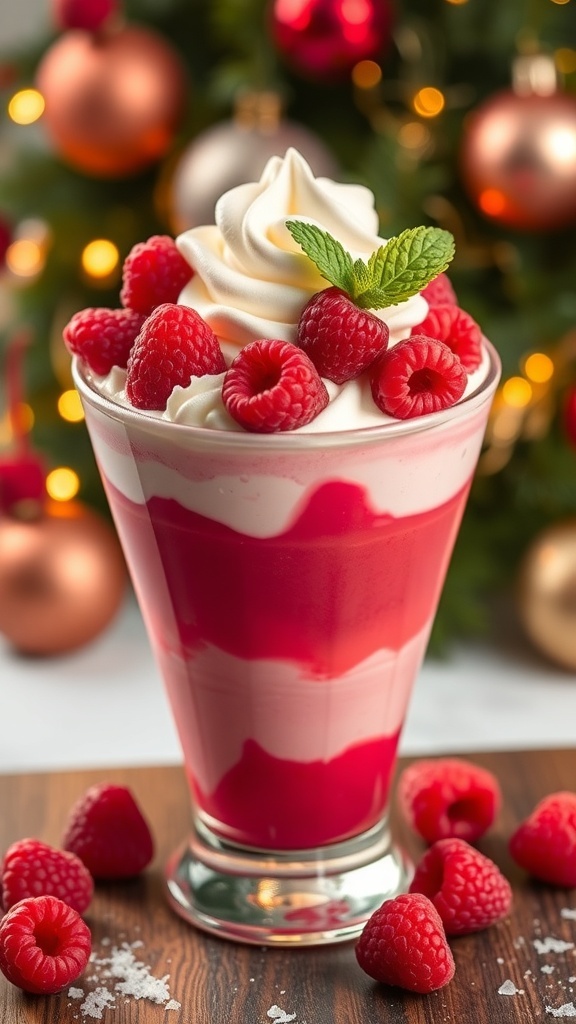 A layered pink Christmas dessert with raspberry puree and vanilla mousse, garnished with whipped cream and raspberries.